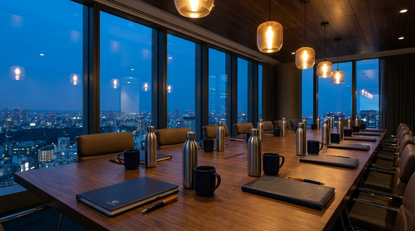 Boardroom dressed with branded merchandise