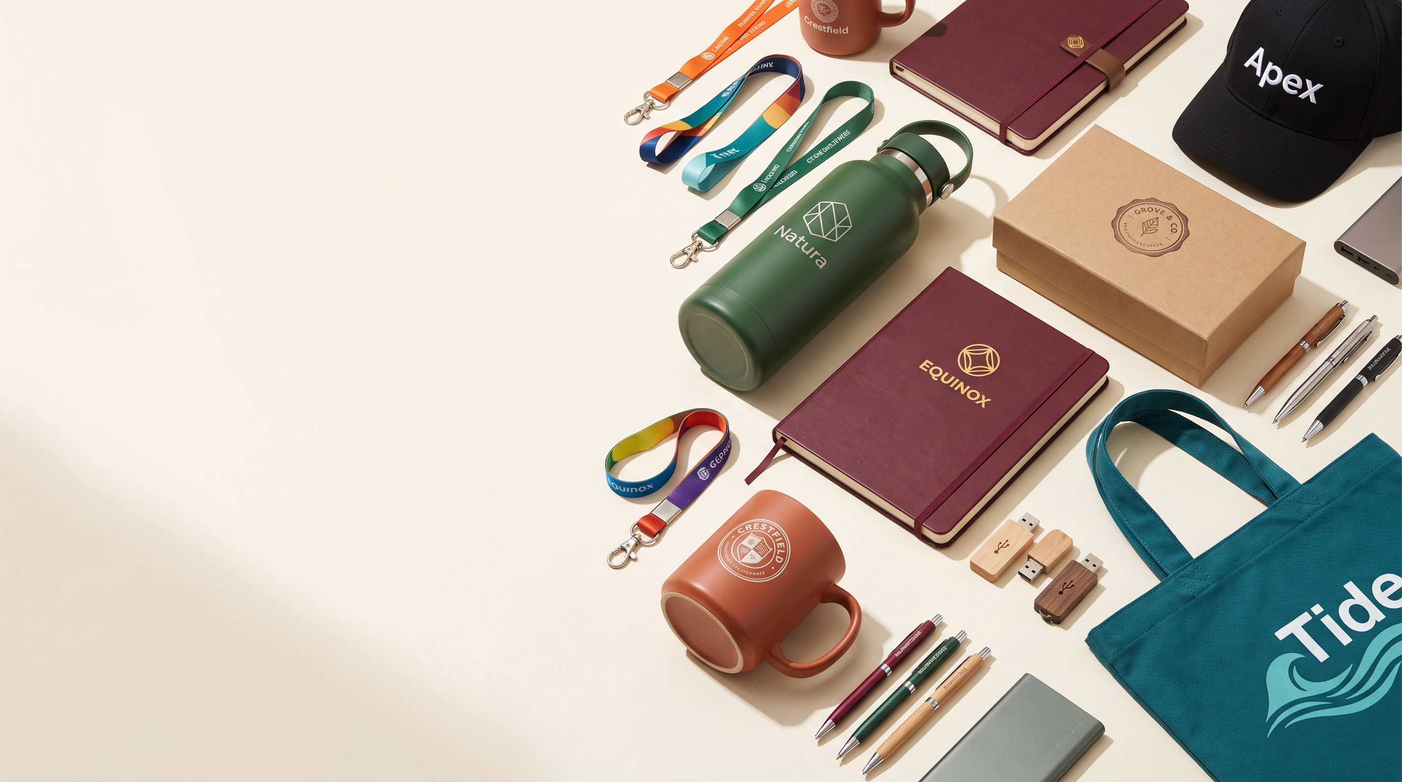 A wide spread of custom-printed corporate gifts for many different brands — bottles, mugs, notebooks, caps, tote bags, USB drives and pens