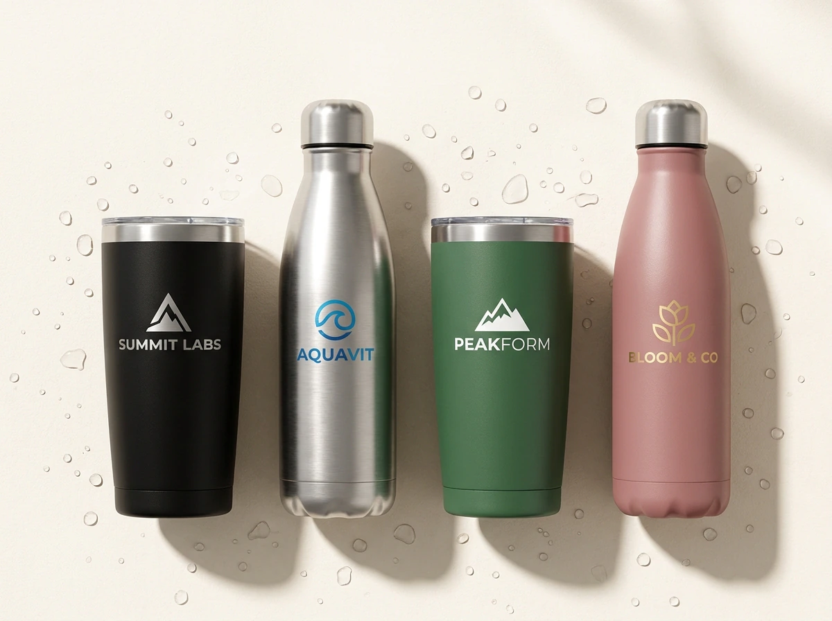 Four laser-engraved steel bottles in different finishes