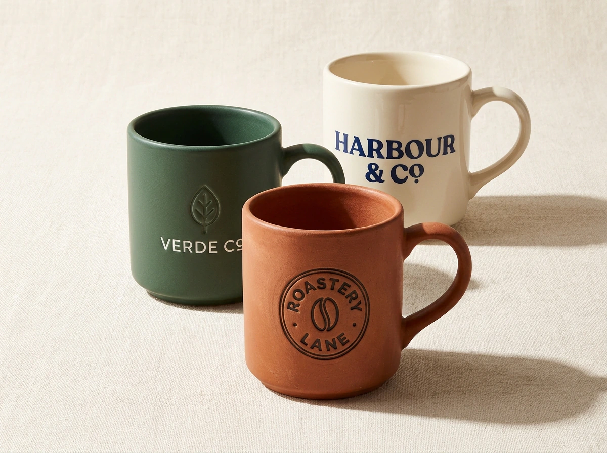 Three branded ceramic mugs in different client colours