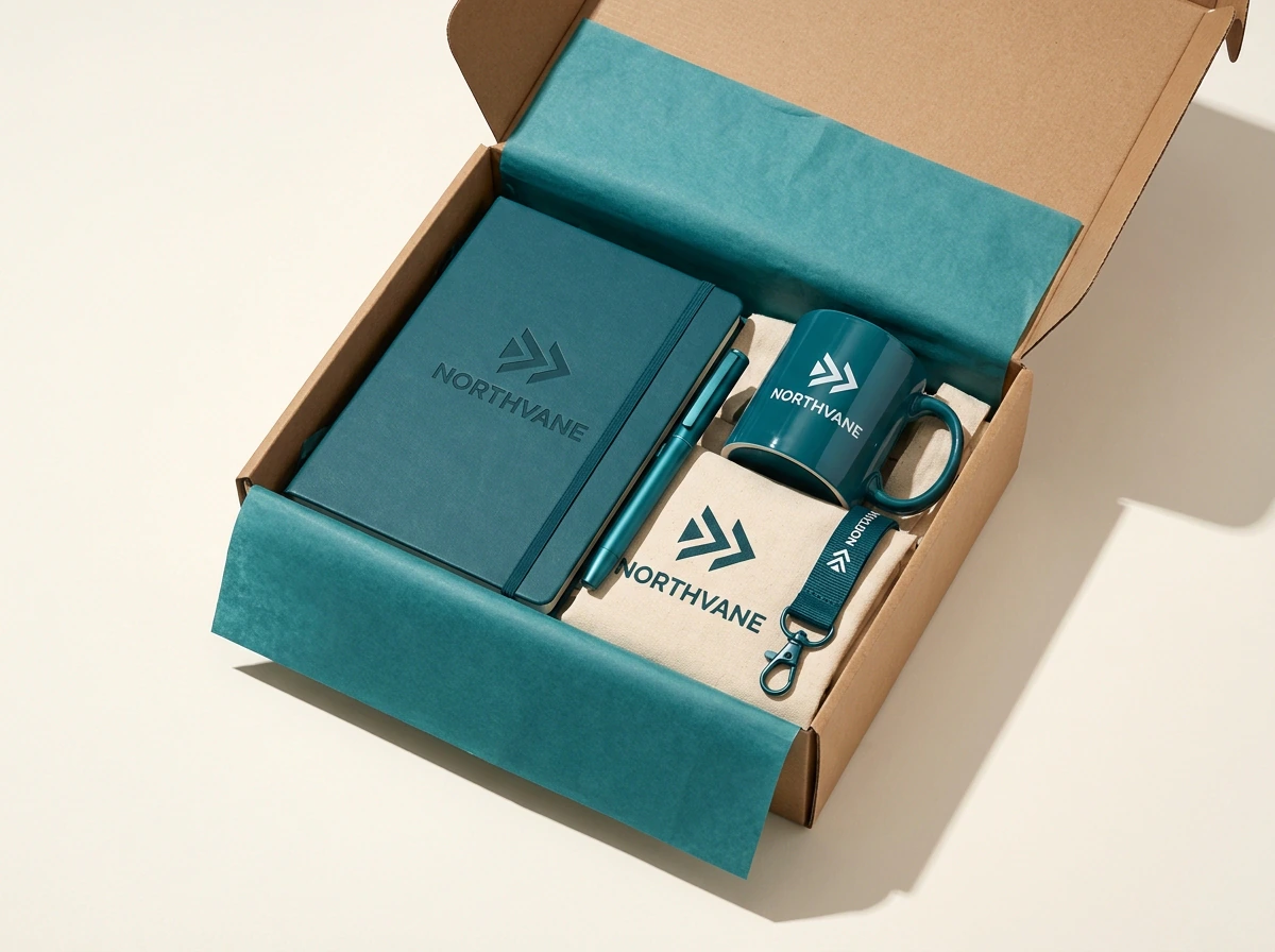 Employee welcome kit branded in teal for a client company